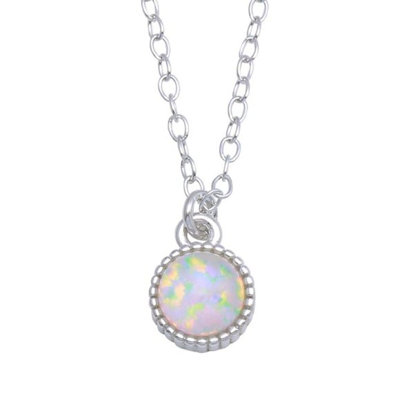 Rhodium Plated 925 Sterling Silver Round Synthetic Opal Necklace